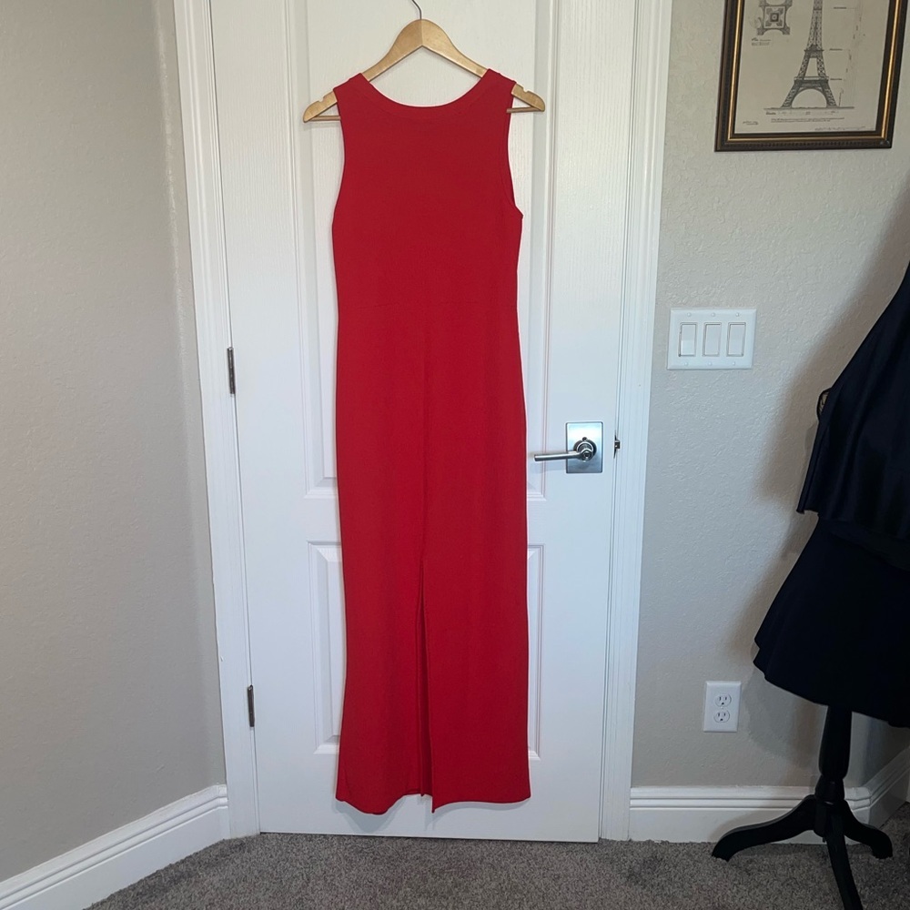 St. John Collection Tank Dress Scoop Neck Ribbed Knit Bright Ruby Red Long Sz Lg - Picture 9 of 11